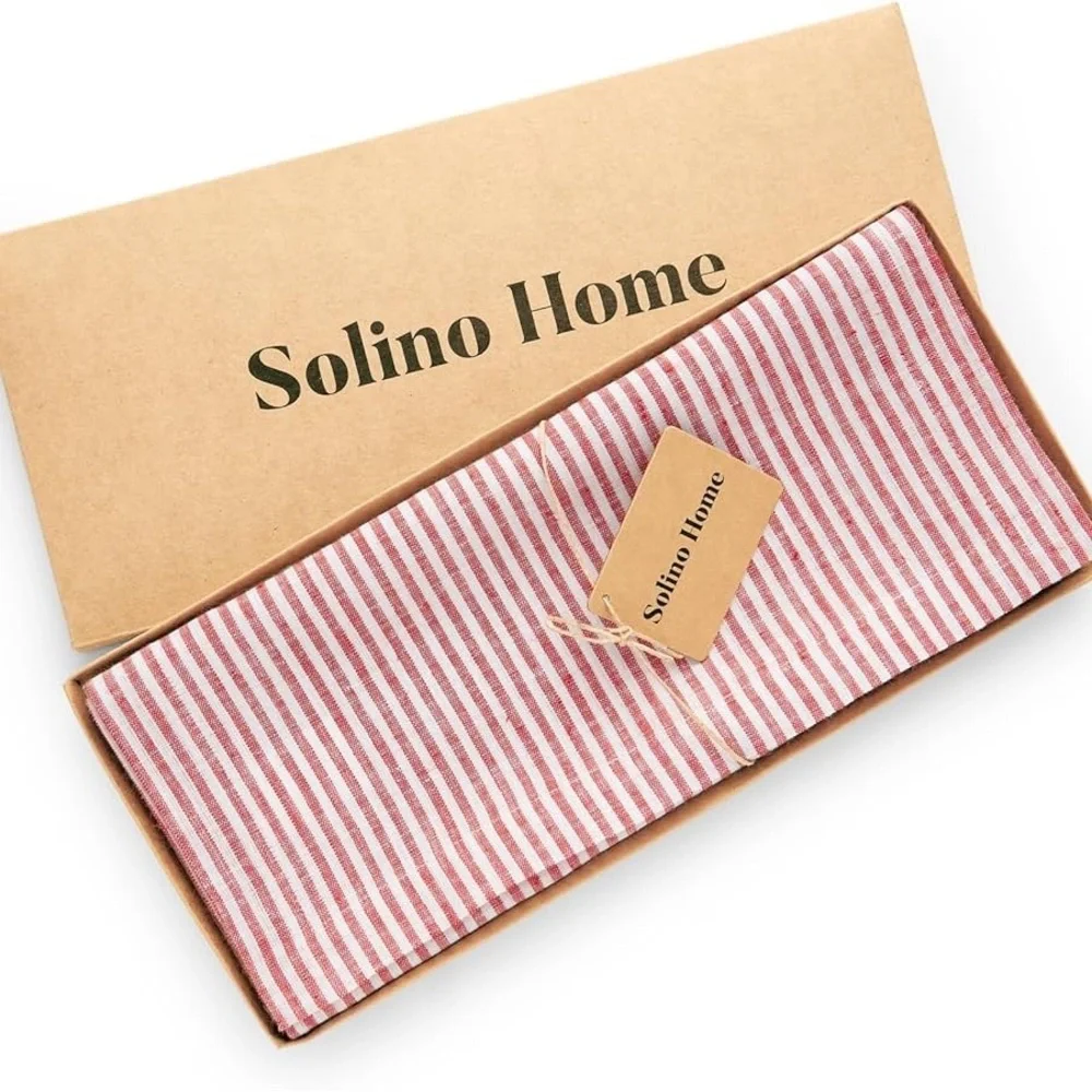 Solino Home Linen Table Runner 100% Pure Linen Red & White Farmhouse  14 x 48